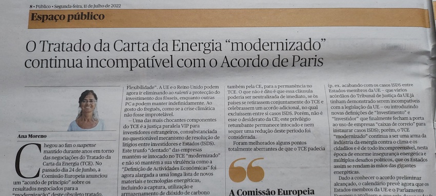 No Jornal Público: O Tratado da Carta da Energia “modernizado” continua incompatível com o Acordo de Paris
